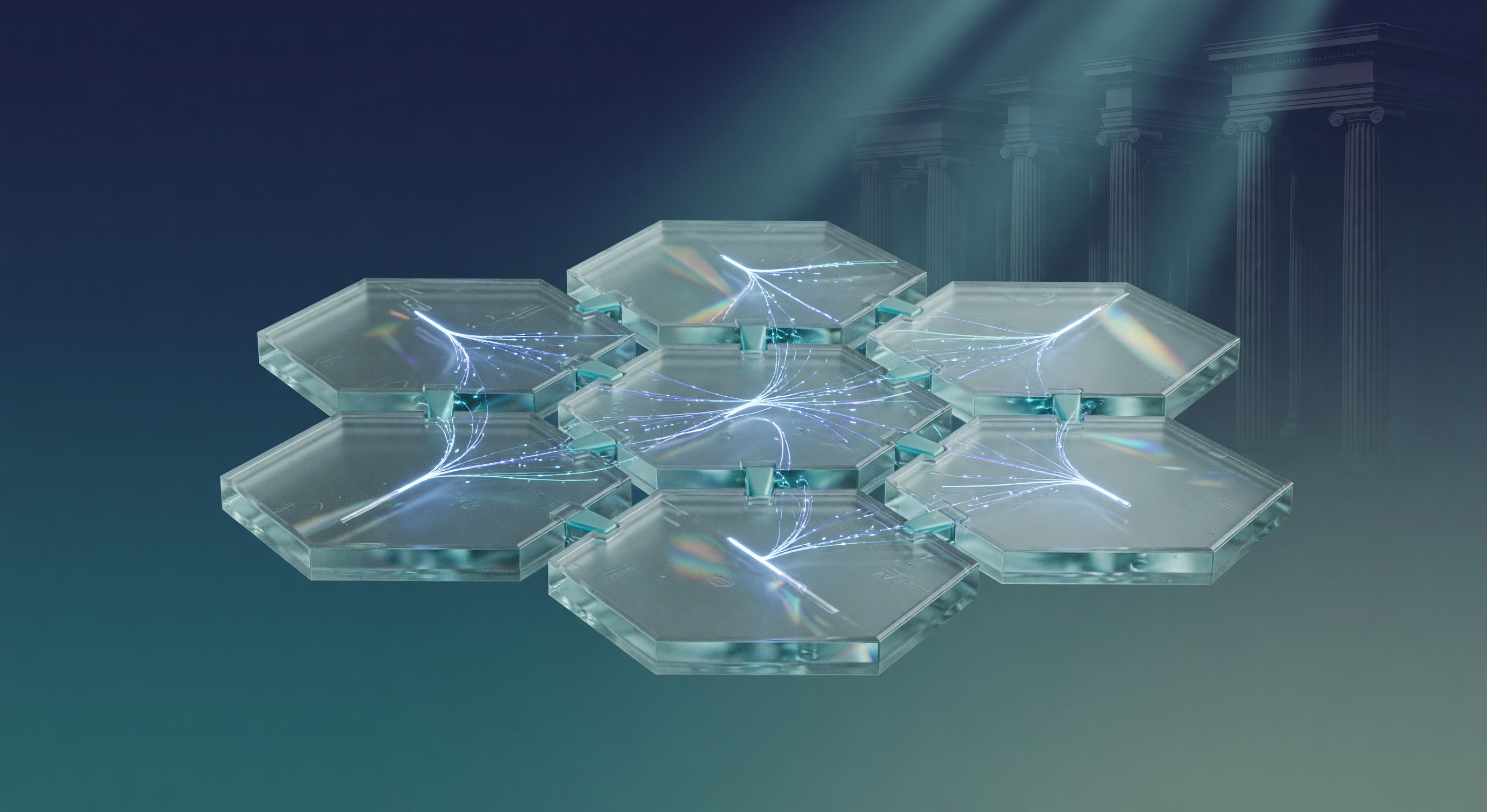 Six glass platform modules arranged in a hexagonal lattice over a navy and teal gradient, representing the RegLeg module set.
